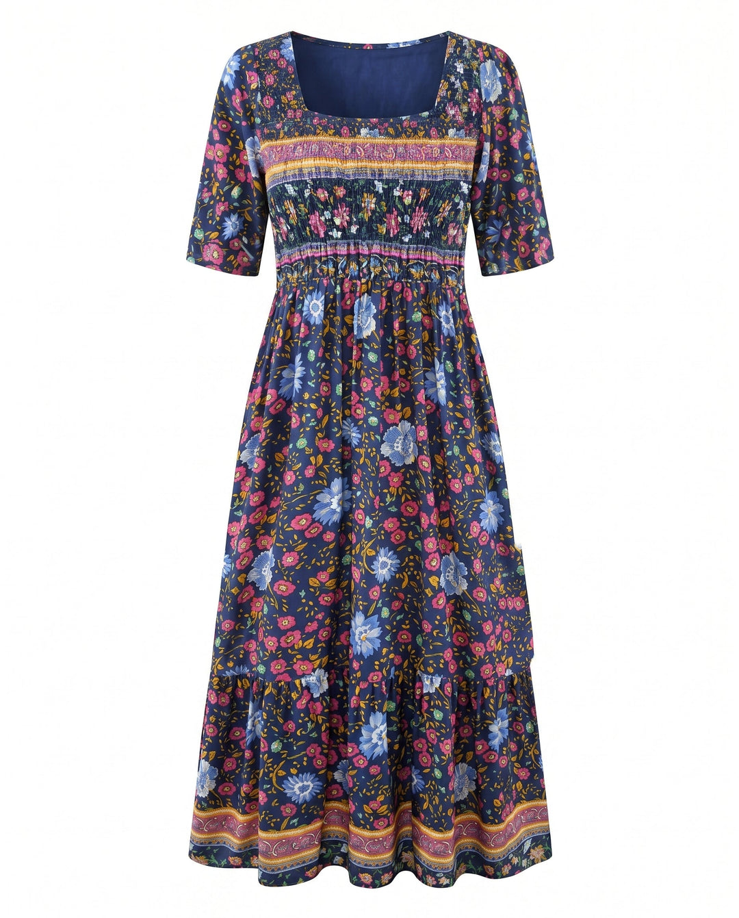 Summer vacation boho midi dress, colorful print, square neck, shirred bodice, flowy skirt.