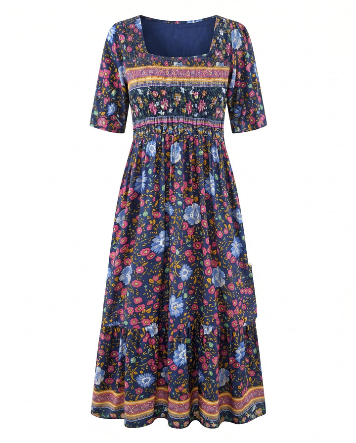 Summer vacation boho midi dress, colorful print, square neck, shirred bodice, flowy skirt.