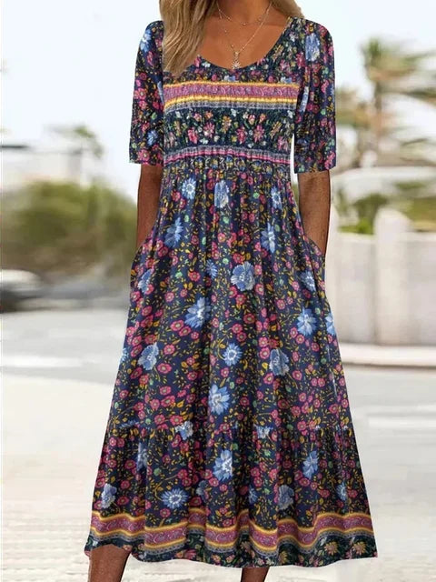 Bohemian print tiered midi dress, shirred bust, sleeveless, perfect for summer and vacation.