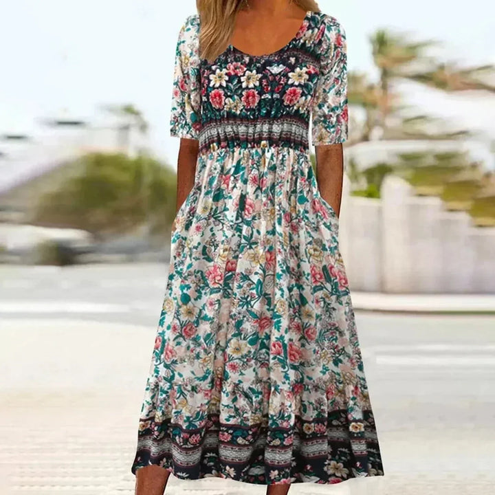 Plus size free-spirited boho print midi dress, shirred bodice, square neck, summer casual.