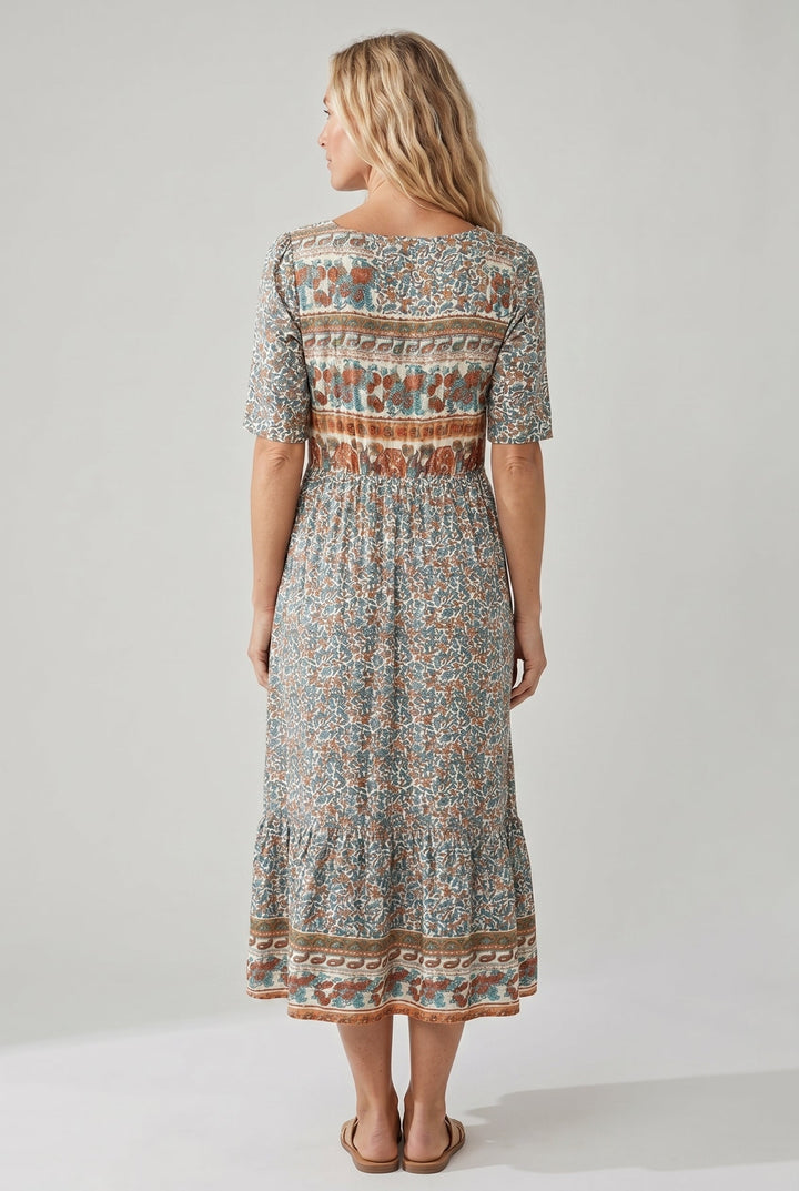 Summer festival boho midi dress, vibrant print, sleeveless, comfy shirred top.