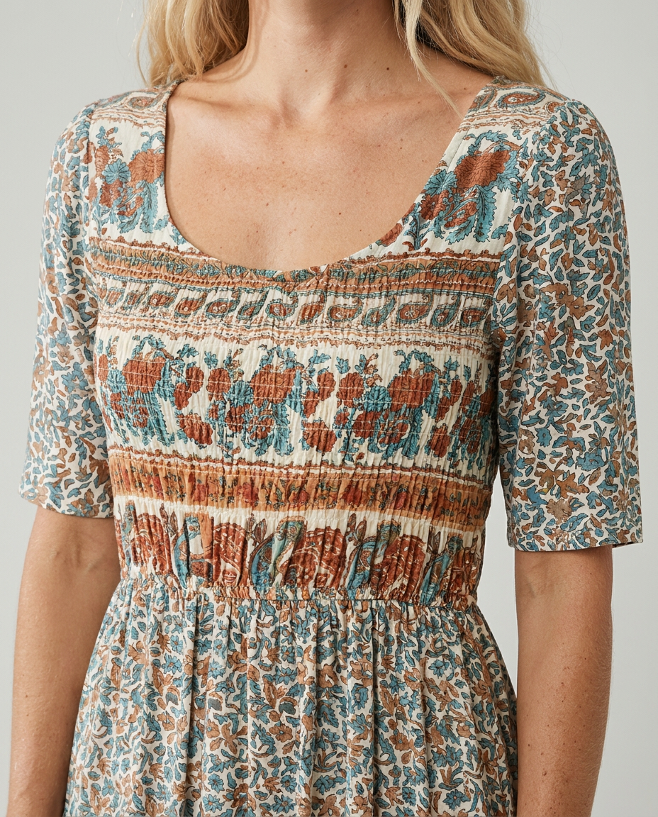 Women's elegant boho print midi dress, shirred bodice, tiered skirt, free-spirited style.