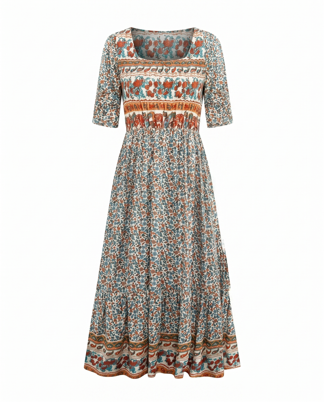Plus size women's boho print midi dress, flattering shirred bodice, square neck, summer wear.