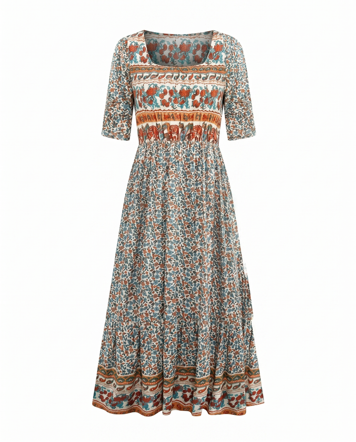 Plus size women's boho print midi dress, flattering shirred bodice, square neck, summer wear.