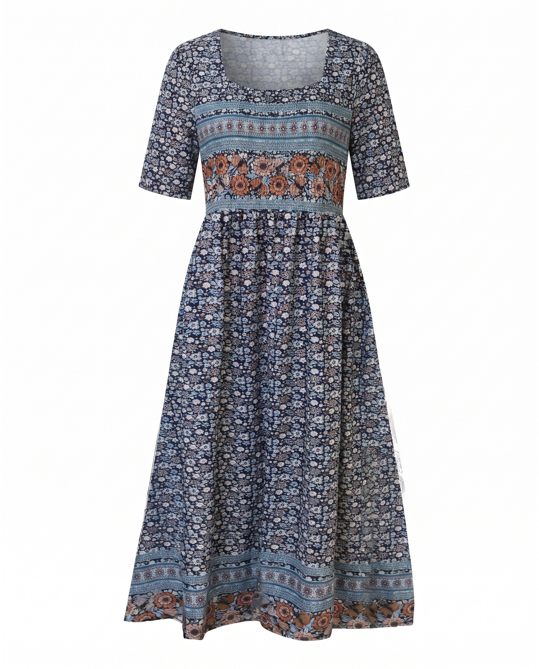 Sleeveless boho print midi dress for women, casual summer style, shirred bust.