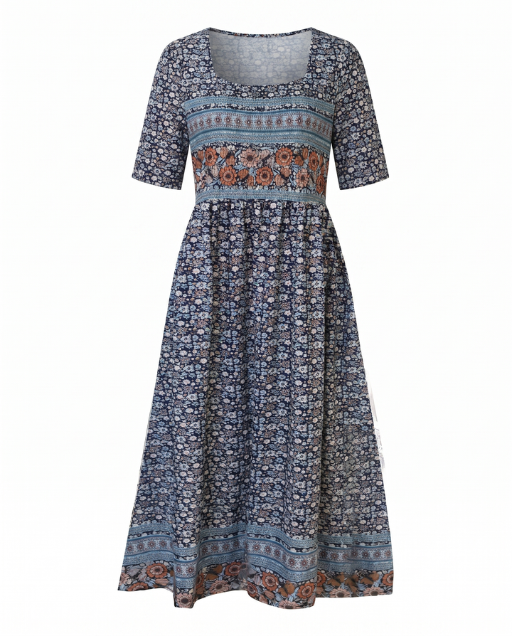 Sleeveless boho print midi dress for women, casual summer style, shirred bust.