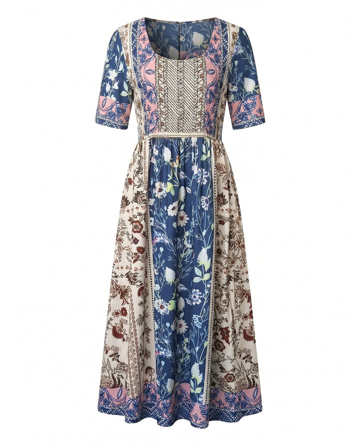 Vacation-ready boho print midi dress, tiered skirt, shirred bodice, square neck, comfortable.