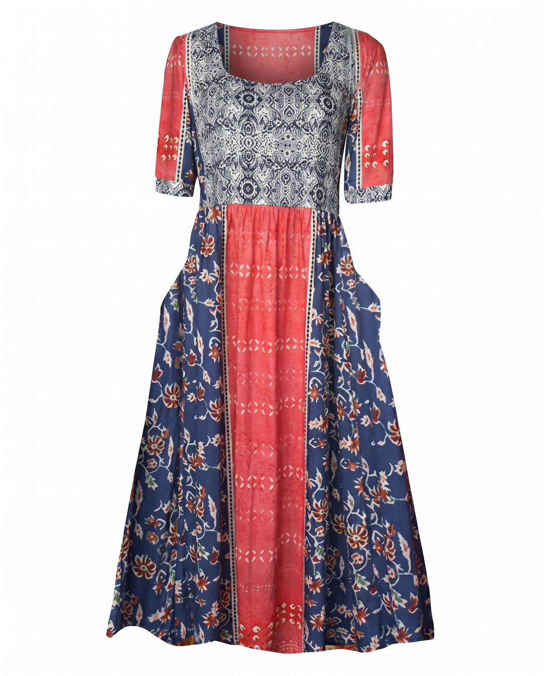 Bohemian print midi dress for women, free-spirited design, shirred bust, perfect for festivals.