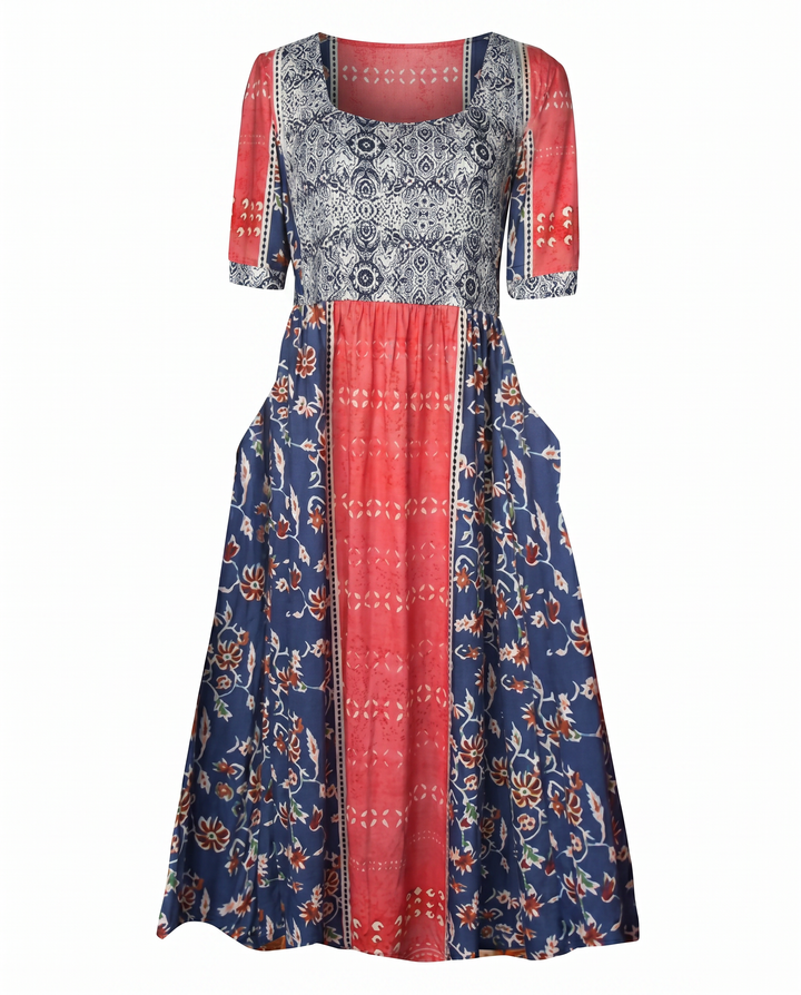 Bohemian print midi dress for women, free-spirited design, shirred bust, perfect for festivals.