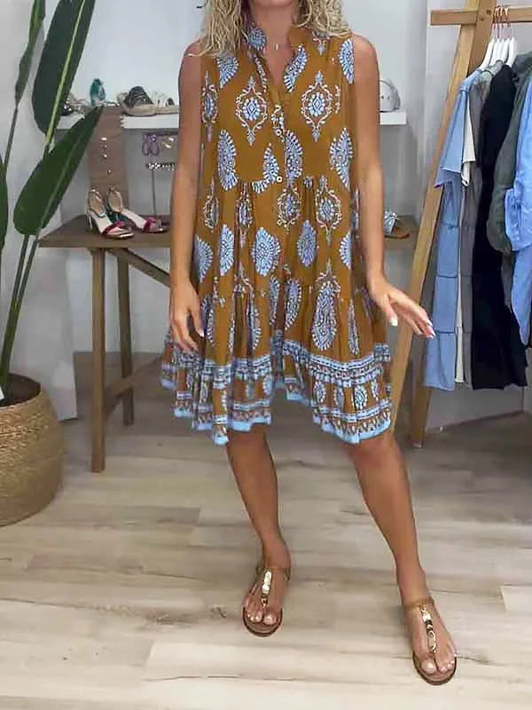 Bohemian print mini dress for women, featuring a sleeveless V-neck and comfy tiered design for casual summer.