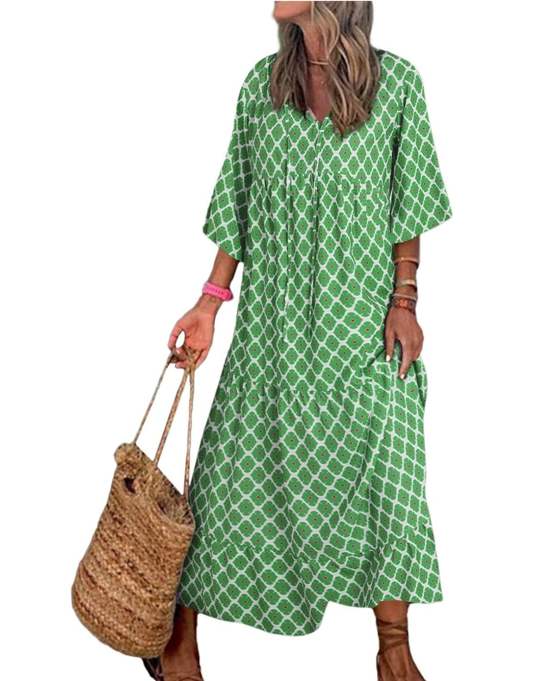 Women's Boho Puff Sleeve V-Neck Maxi Dress with a vibrant floral print, perfect for summer.