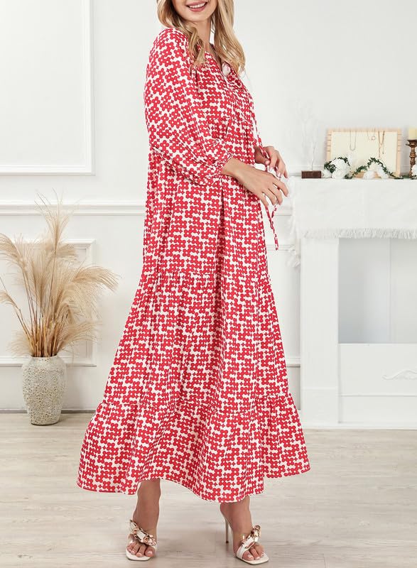 Comfortable flowy women's boho dress with elegant puff sleeves, V-neck, and summer floral print.