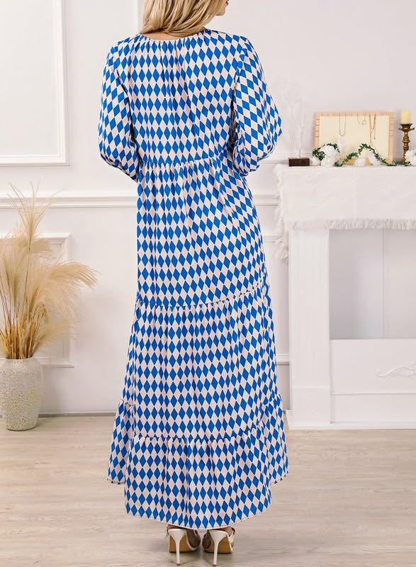 Modern boho women's maxi dress with puff sleeves, V-neck, and a sophisticated floral design.