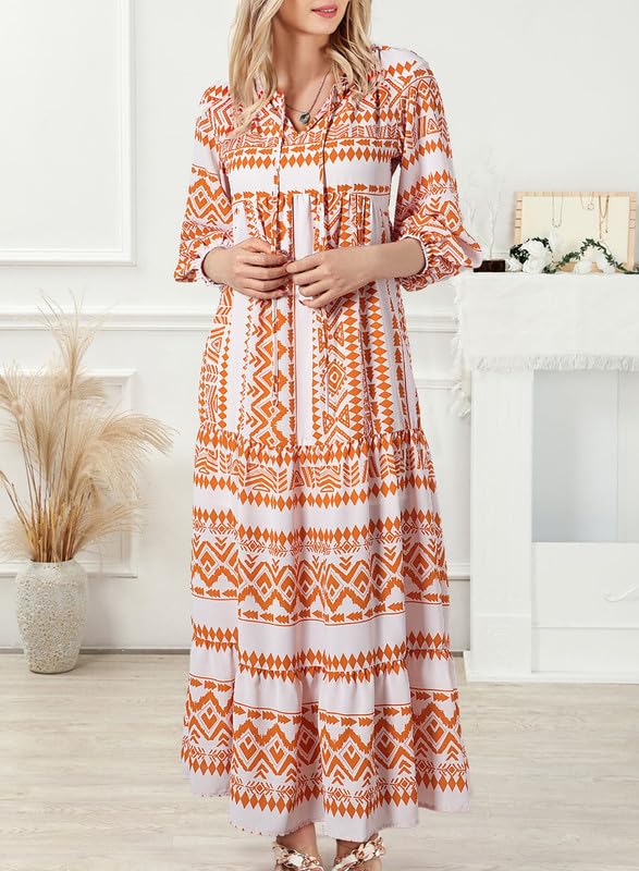 Lightweight women's boho puff sleeve V-neck maxi dress, adorned with a lovely floral print.