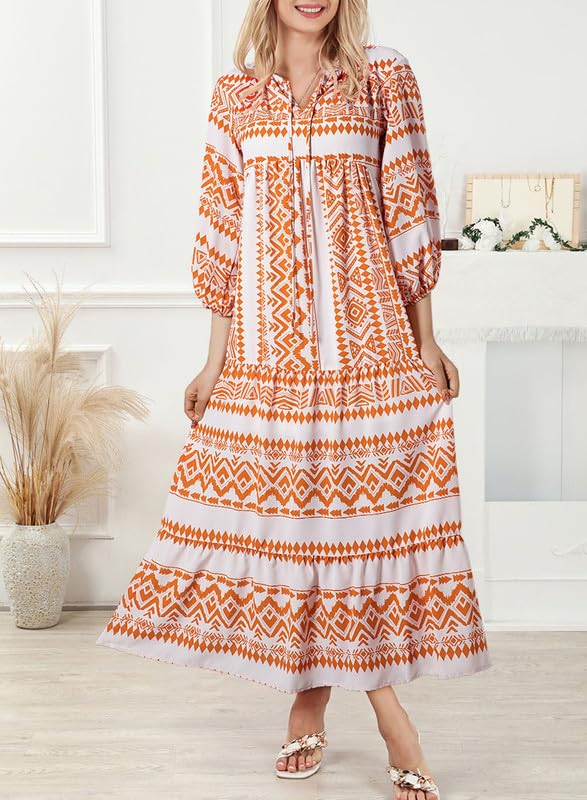 Women's elegant casual boho maxi dress, featuring puff sleeves, V-neck, and vibrant floral detail.