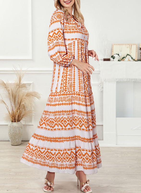Boho chic women's long dress: V-neck, puff sleeves, and an all-over intricate floral print.