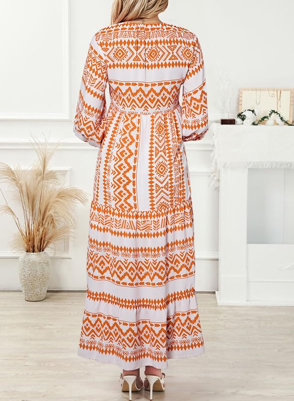 Flattering V-neck women's maxi dress, with bohemian floral print and stylish puff sleeves.