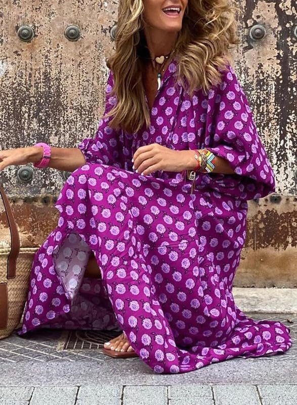 Versatile women's bohemian floral maxi dress, puff sleeves and a sophisticated V-neck.