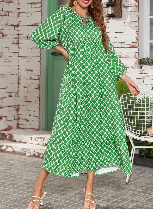 Bohemian floral maxi dress for women, featuring puff sleeves and a flattering V-neck design.