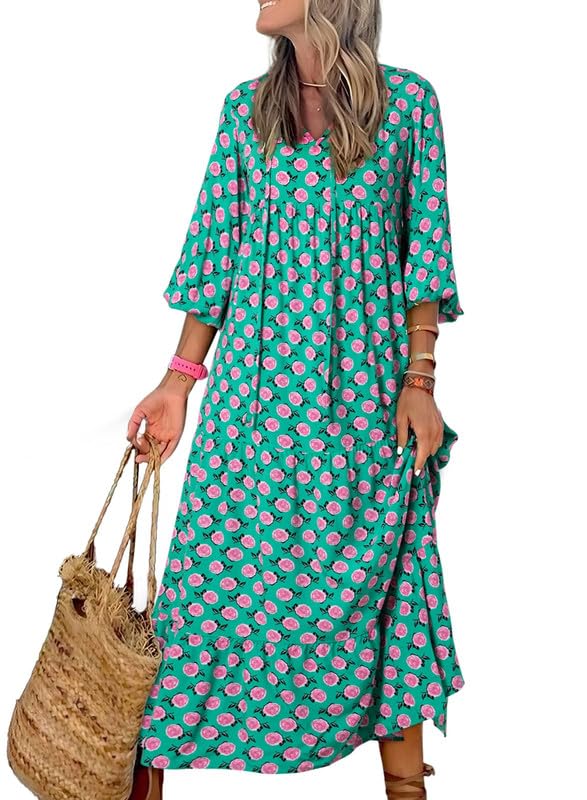 Women's long boho maxi dress with puff sleeves, V-neck, and a detailed, beautiful floral print.