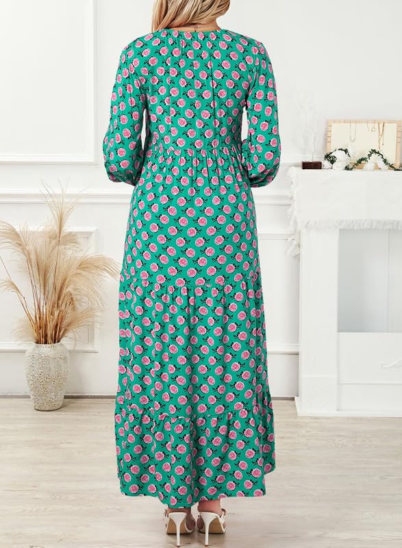 Versatile women's long dress: boho style, puff sleeves, V-neck, and vivid floral print.