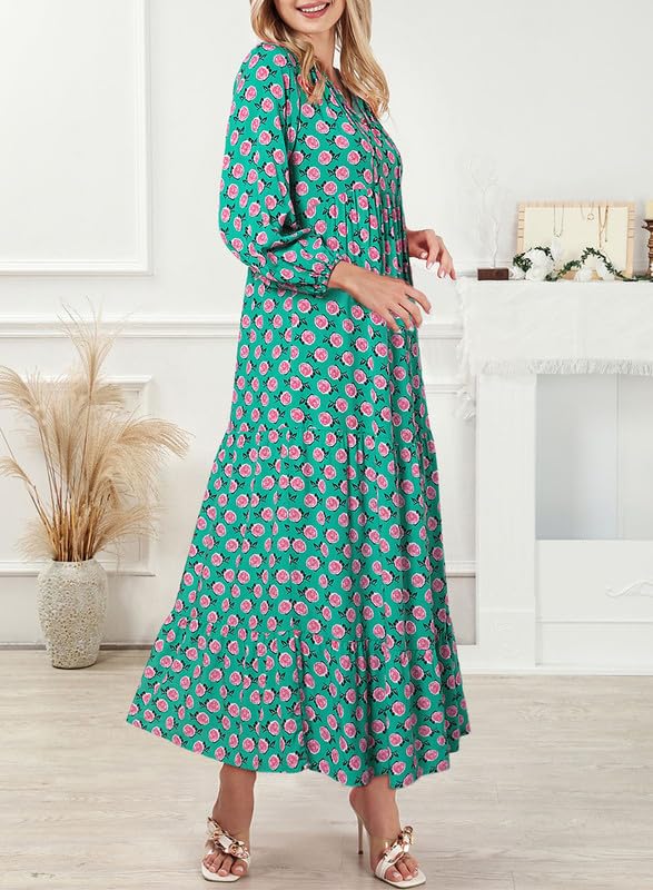 Vibrant floral print women's boho maxi dress, featuring puff sleeves and a flattering V-neck.