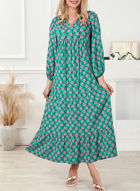 Casual summer boho maxi dress for women, with puff sleeves, V-neck, and a charming floral design.