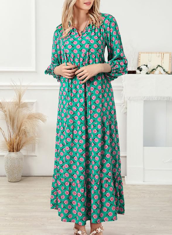 Stylish women's puff sleeve V-neck maxi dress, showcasing a unique bohemian floral print.