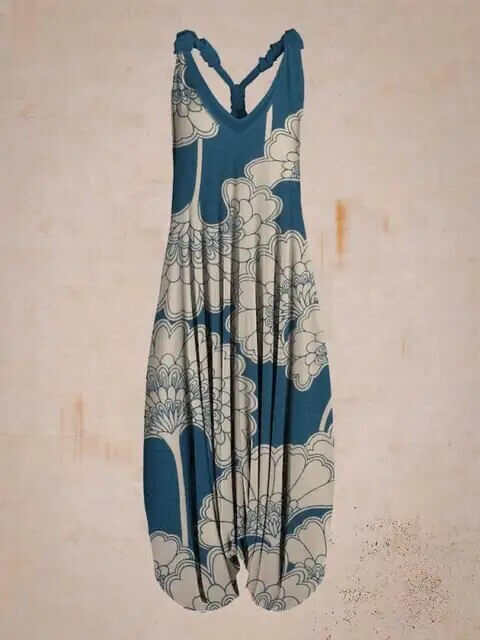 Patterned women's bohemian jumpsuit, sleeveless and comfy for stylish wear.