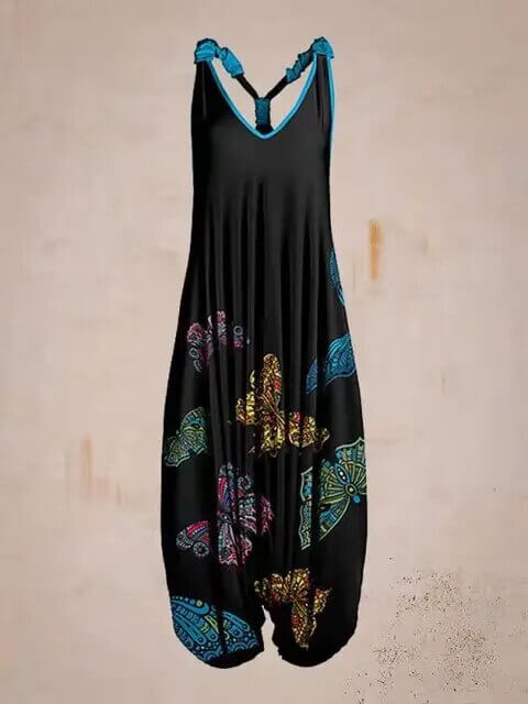Casual women's bohemian jumpsuit, sleeveless and patterned for summer style.