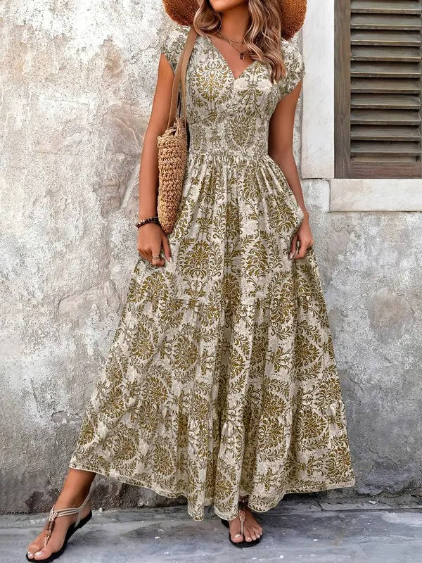 Women's Boho Smocked Tiered Maxi Dress with V-neck cap sleeves, perfect for summer casual wear.