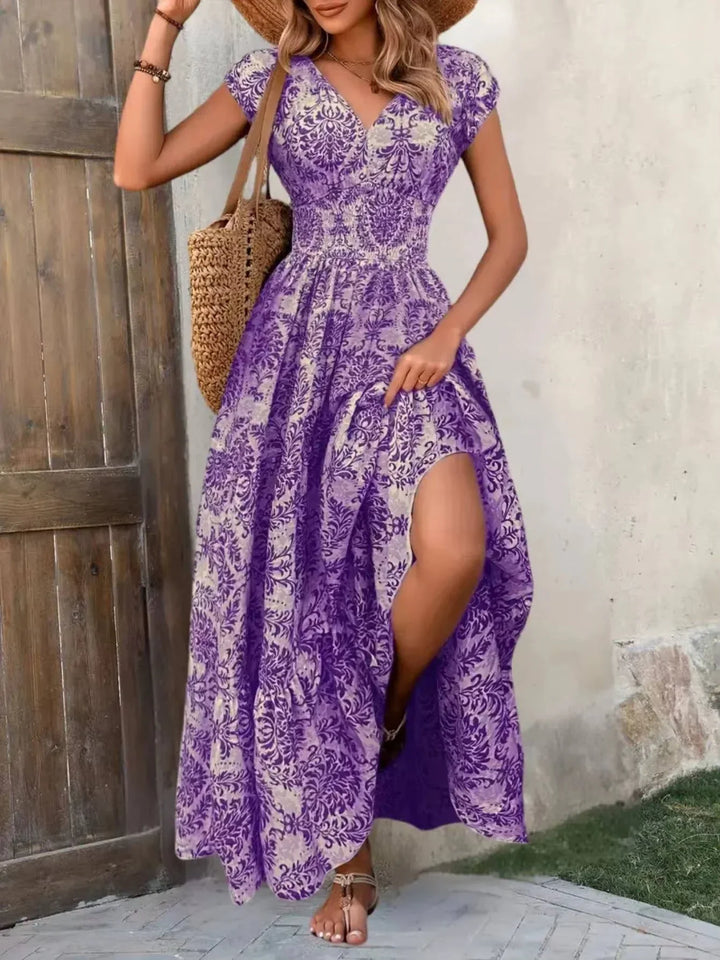Casual print maxi dress for women, smocked & tiered boho style, V-neck and cap sleeves.