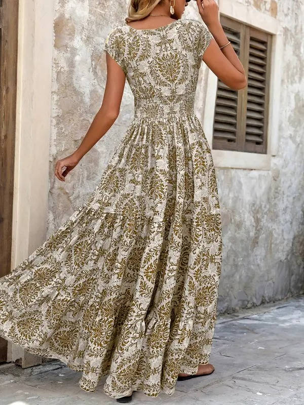 Versatile women's boho smocked tiered maxi dress, V-neck cap sleeves, great for casual summer.