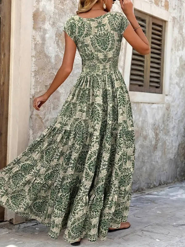 Comfortable women's V-neck cap sleeve maxi dress, smocked tiered boho style, ideal for summer.