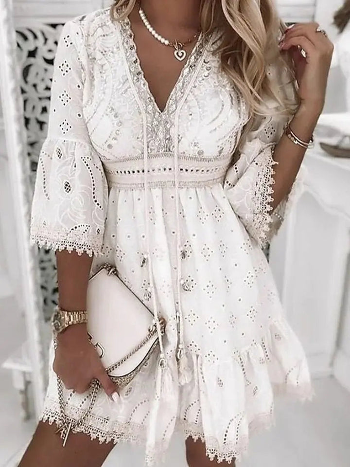 Casual women's boho mini dress, V-neck, embroidered lace bell sleeves, a comfortable and stylish everyday outfit.