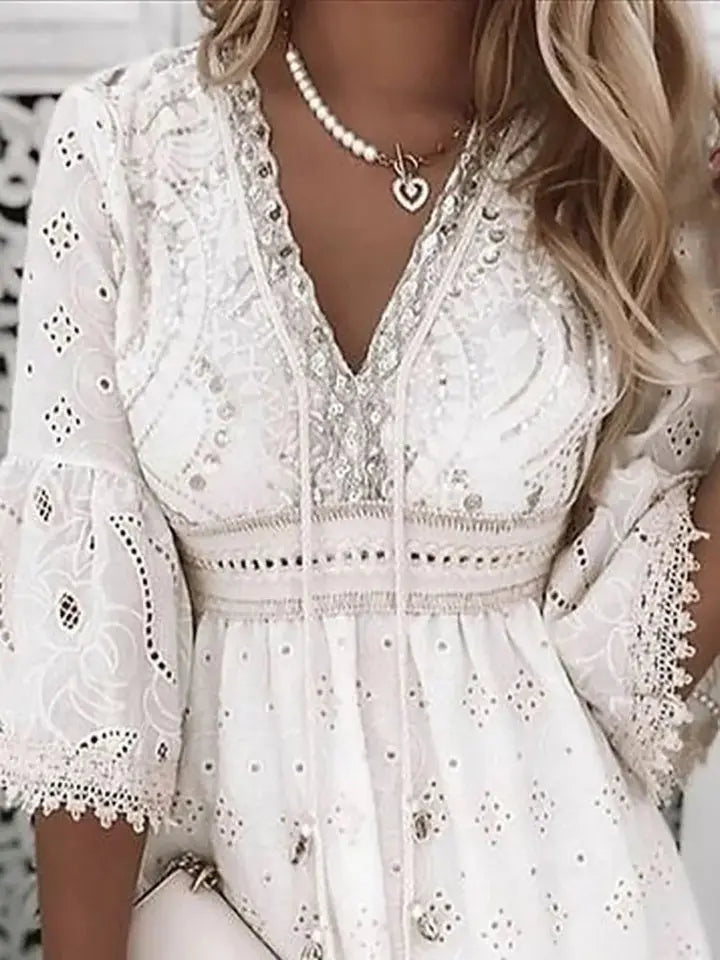 Chic women's embroidered lace bell sleeve mini dress, V-neck bohemian style, perfect for summer elegance.