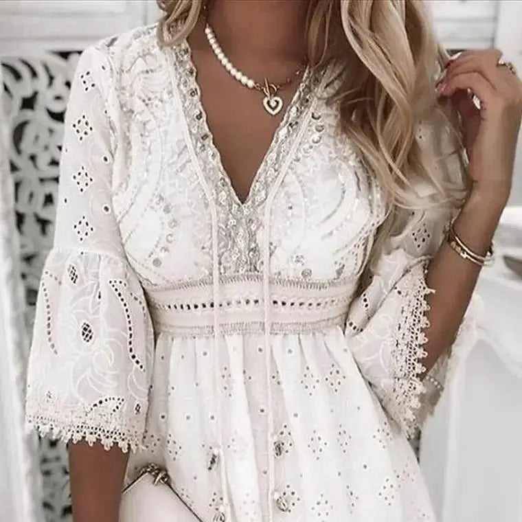 Flowy women's short boho dress, V-neck, embroidered lace bell sleeves, a versatile piece for vacation or daily wear.