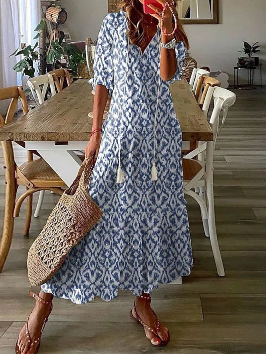 Women's boho V-neck summer dress, flowy & comfortable for effortless casual style.