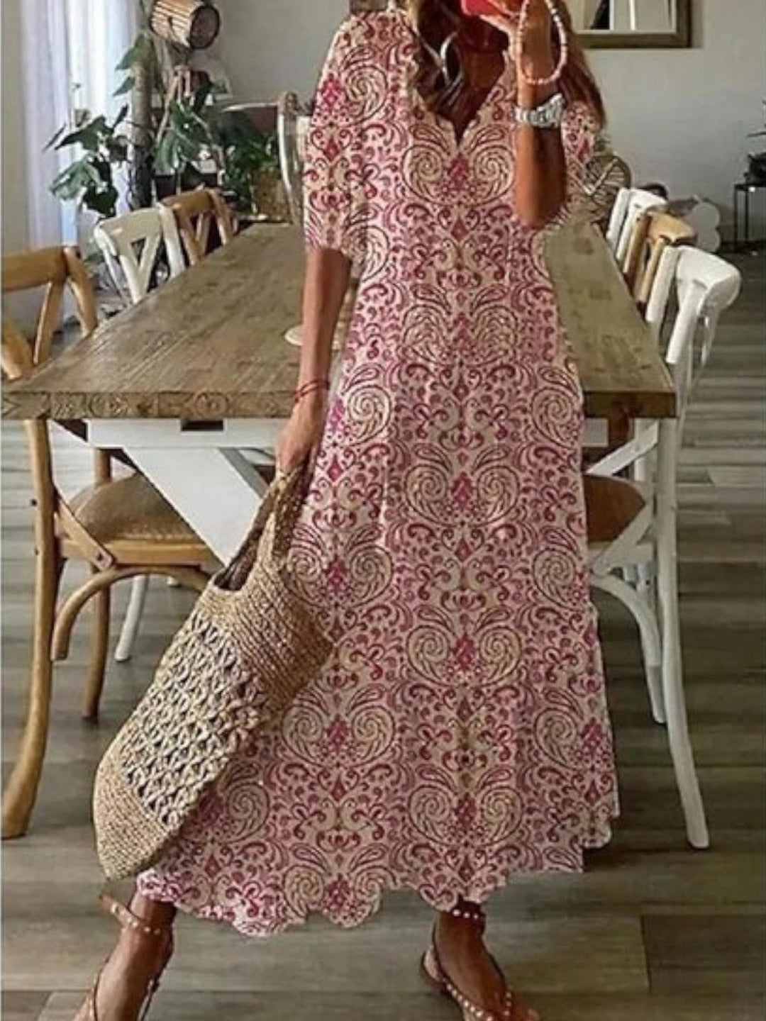 Casual boho maxi dress with V-neck, perfect for summer days, beach trips & vacations.