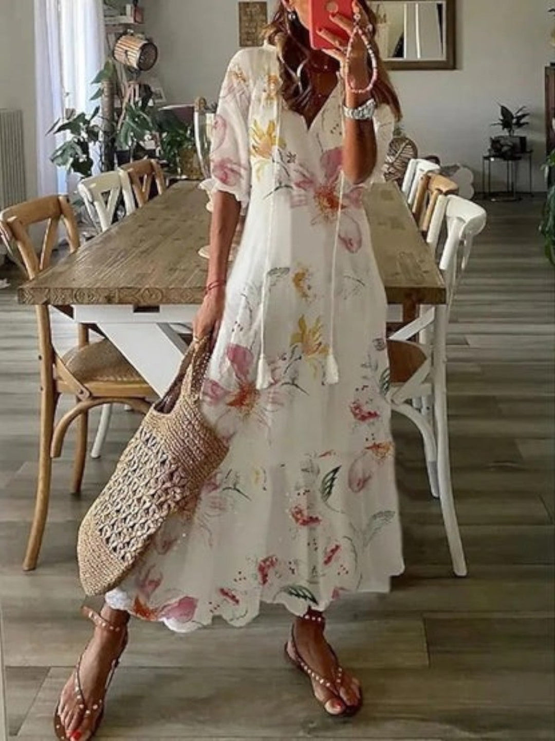 Bohemian V-neck summer dress for women, offering a relaxed and stylish vacation look.
