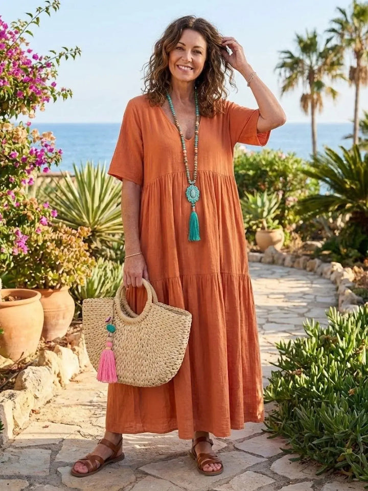 Summer ready boho tiered maxi dress, short sleeve, loose fit for women.