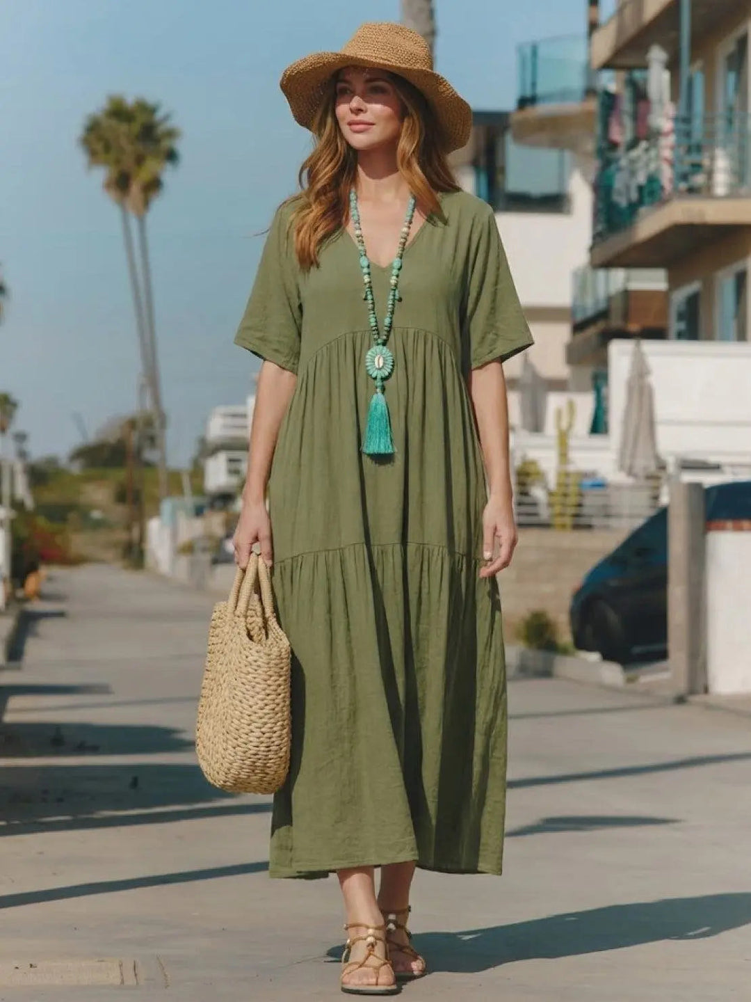 Elegant boho V-neck tiered maxi dress, women's resort wear, ultimate comfort.