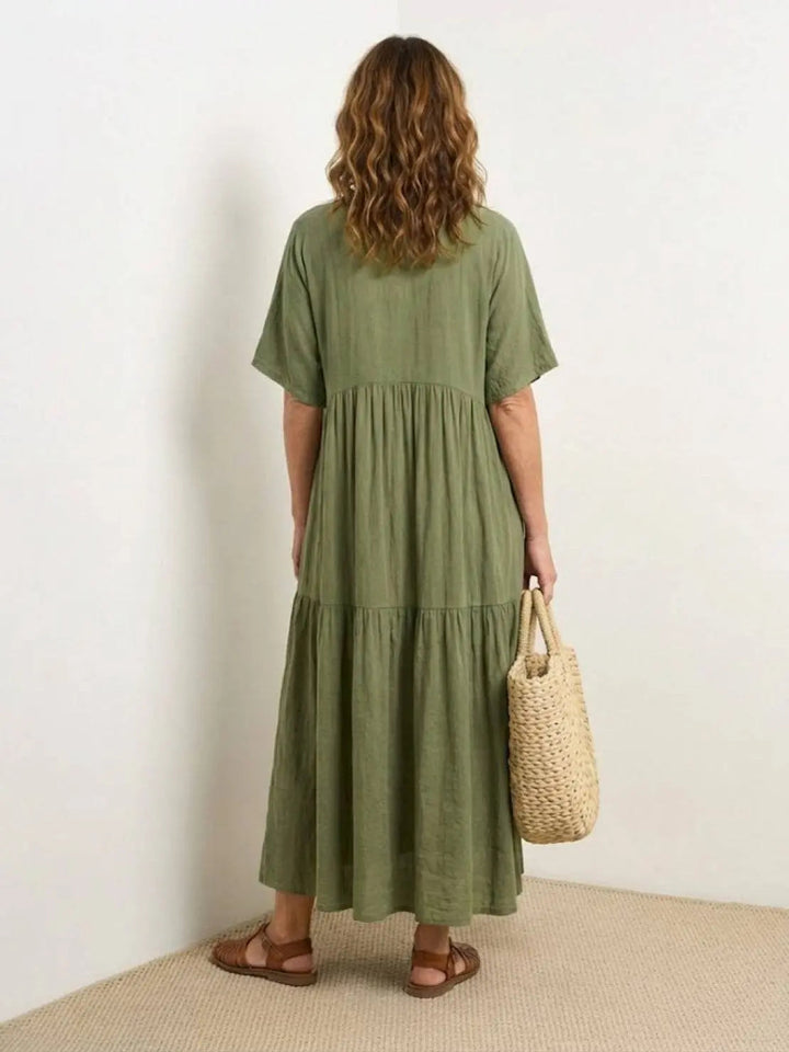 Women's casual summer dress, V-neck, tiered, flowy boho maxi for comfort.