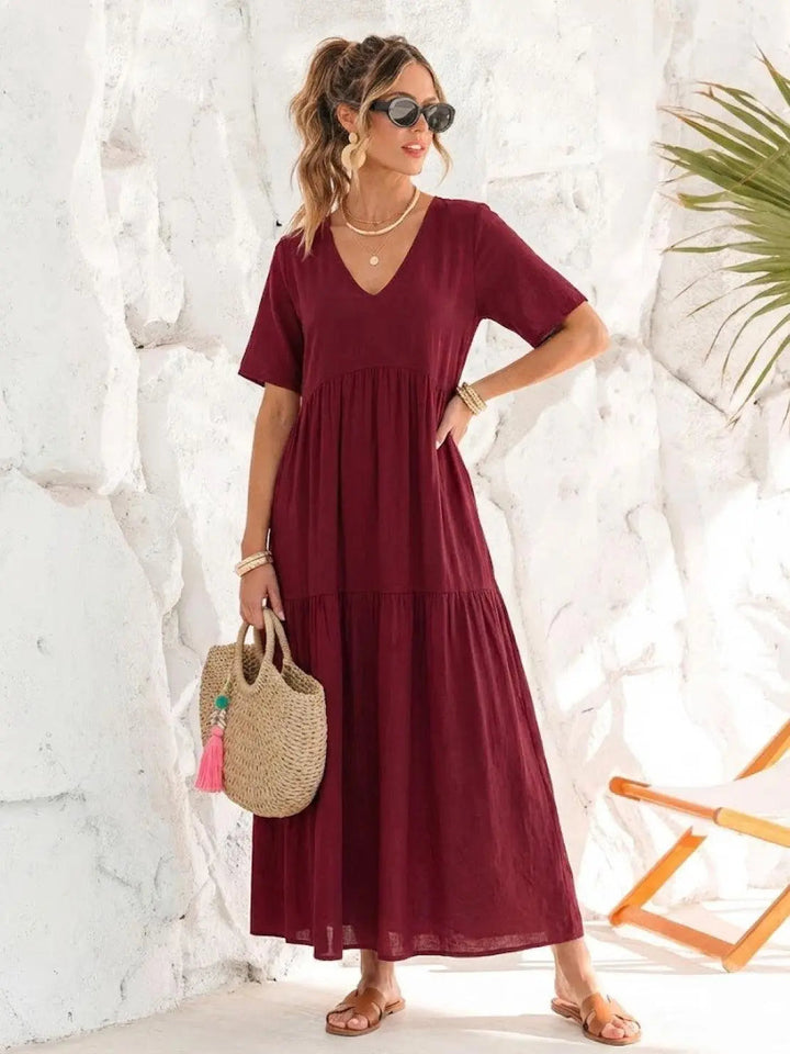 Loose fit women's short sleeve tiered maxi dress, boho V-neck, summer casual.