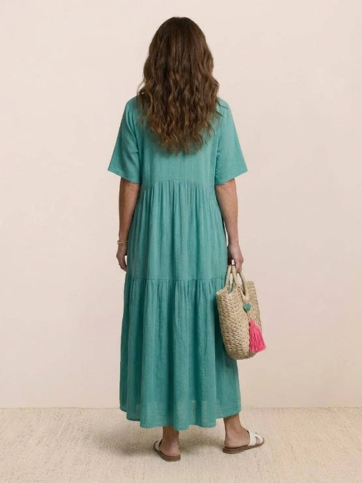 Stylish women's summer maxi dress, tiered, V-neck, bohemian fashion.