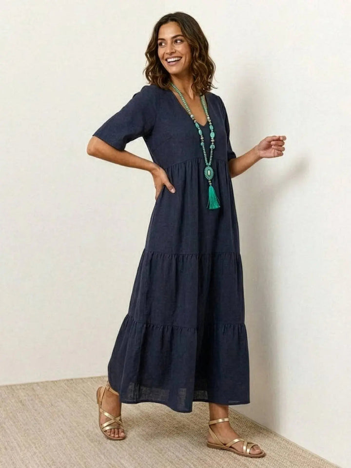 Loose fit women's casual boho V-neck tiered dress, ultimate summer comfort.