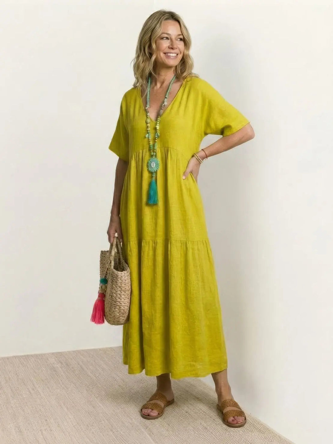 Comfortable women's tiered maxi dress, boho style, great for summer vacation.