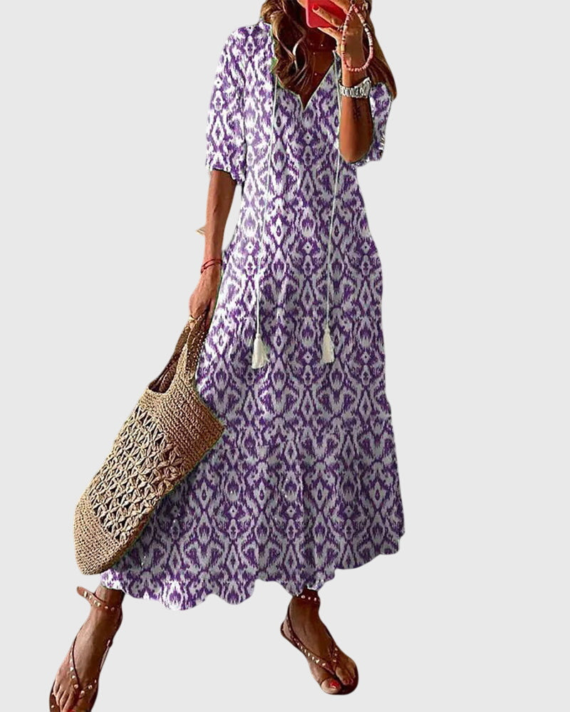 Comfortable women's flowy boho maxi dress, versatile for casual wear, beach, or summer events.