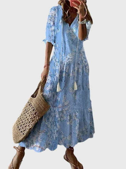 Breezy women's boho summer dress, a comfortable and stylish flowy maxi for vacation or daily wear.