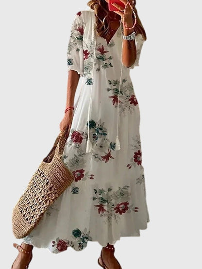 Bohemian v-neck maxi dress for women, vintage style summer wear, elegant and casual.